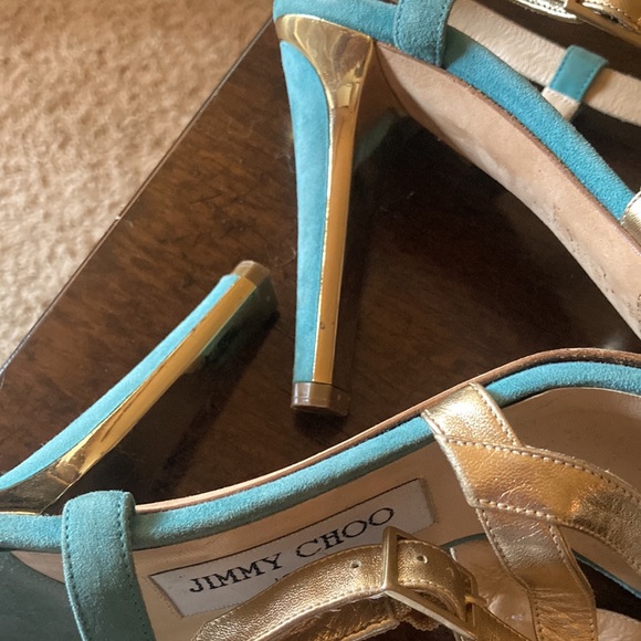 Jimmy Choo. 4” Teal-Gold. Metallic. Adjustable strap. Comfortable. Size 37 - Picture 4 of 10